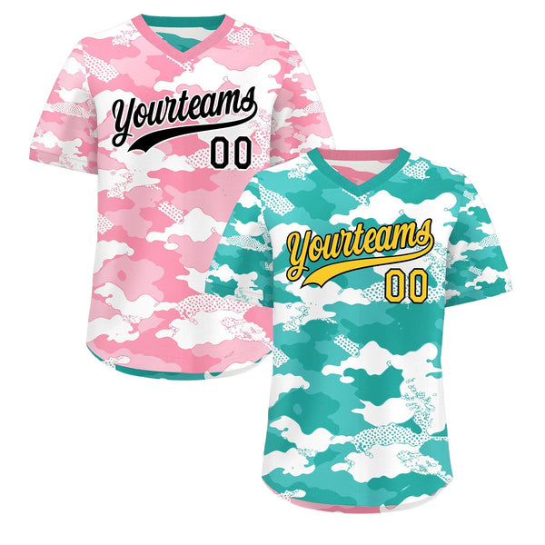 Custom Teal Aqua Light Pink Reversible Pullover Baseball Jersey Camo Stretch Fabric | BuyFootballJersey