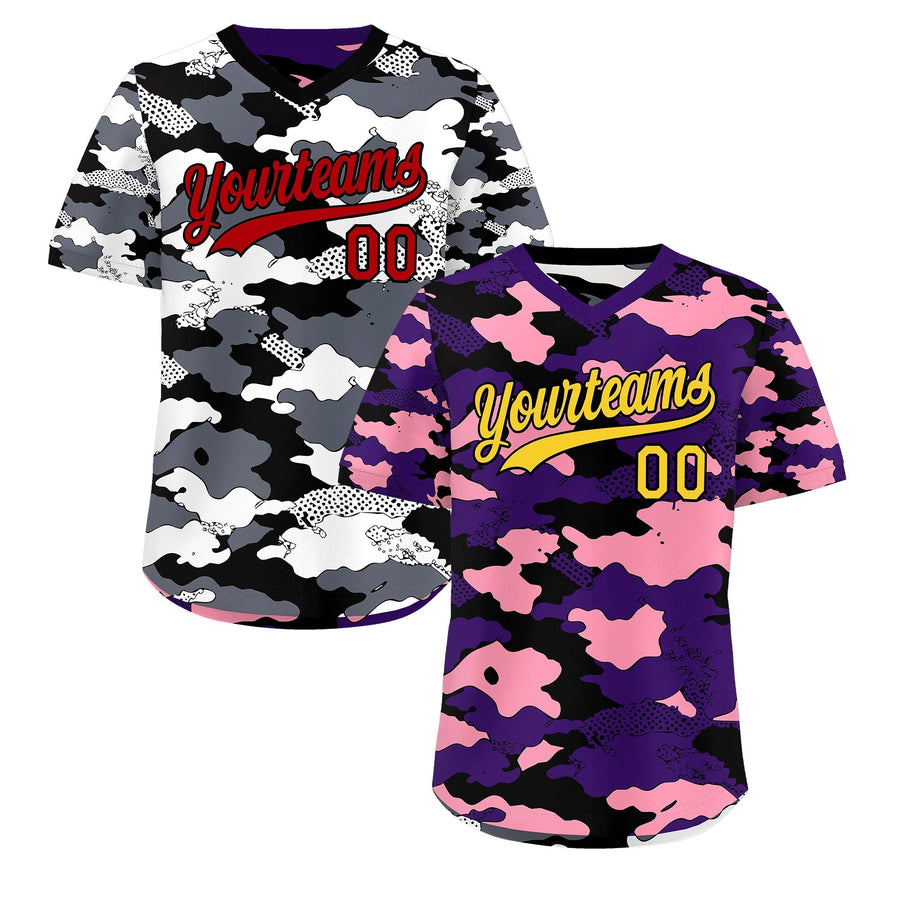 Custom Purple Light Pink White Reversible Pullover Baseball Jersey Camo Stretch Fabric | BuyFootballJersey