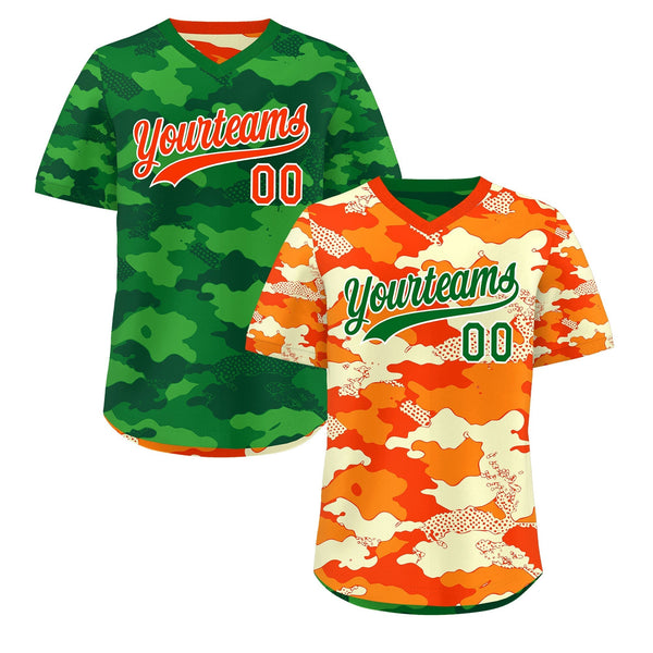 Custom Orange Dark Green Kelly Green Reversible Pullover Baseball Jersey Camo Stretch Fabric | BuyFootballJersey