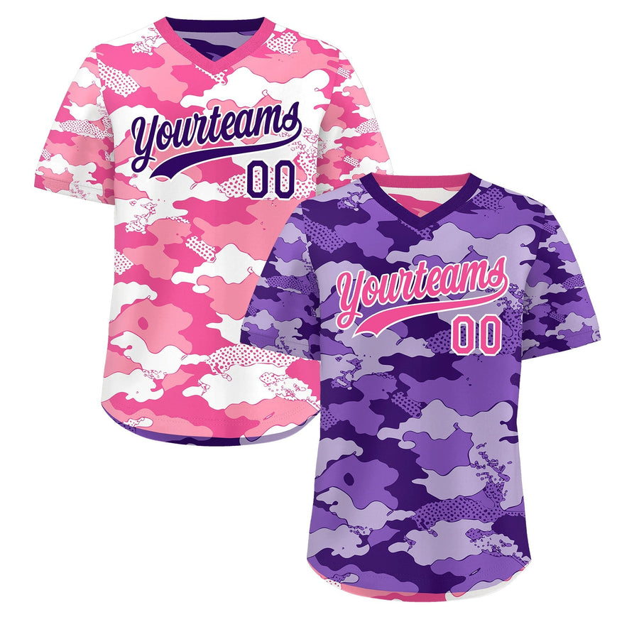 Custom Purple Pink White Reversible Pullover Baseball Jersey Camo Stretch Fabric | BuyFootballJersey