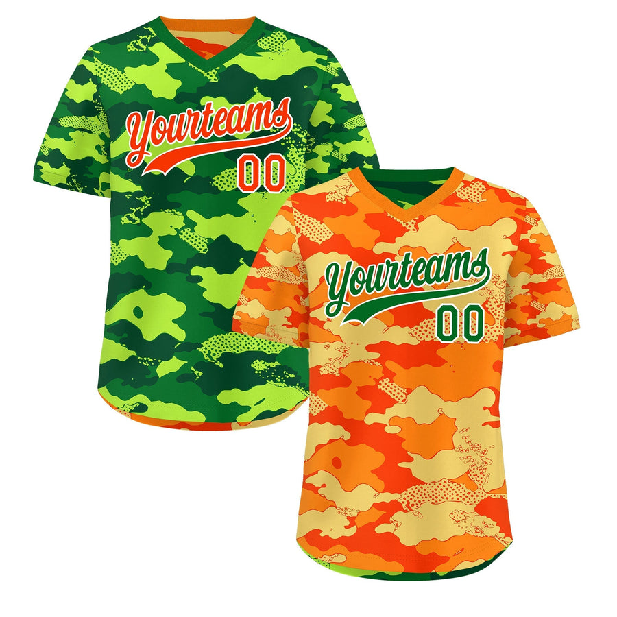 Custom Orange Dark Green Kelly Green Reversible Pullover Baseball Jersey Camo Breathable | BuyFootballJersey