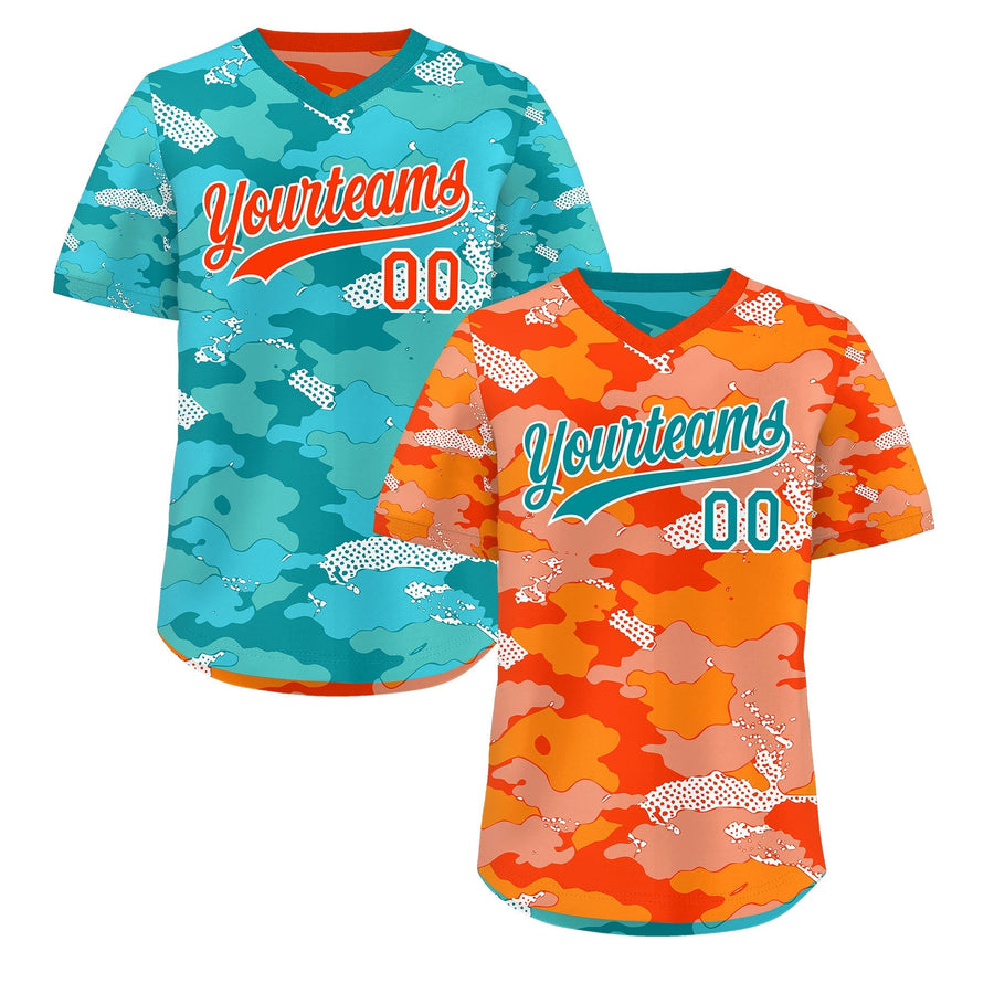 Custom Orange Light Orange Teal Reversible Pullover Baseball Jersey Camo Stretch Fabric | BuyFootballJersey