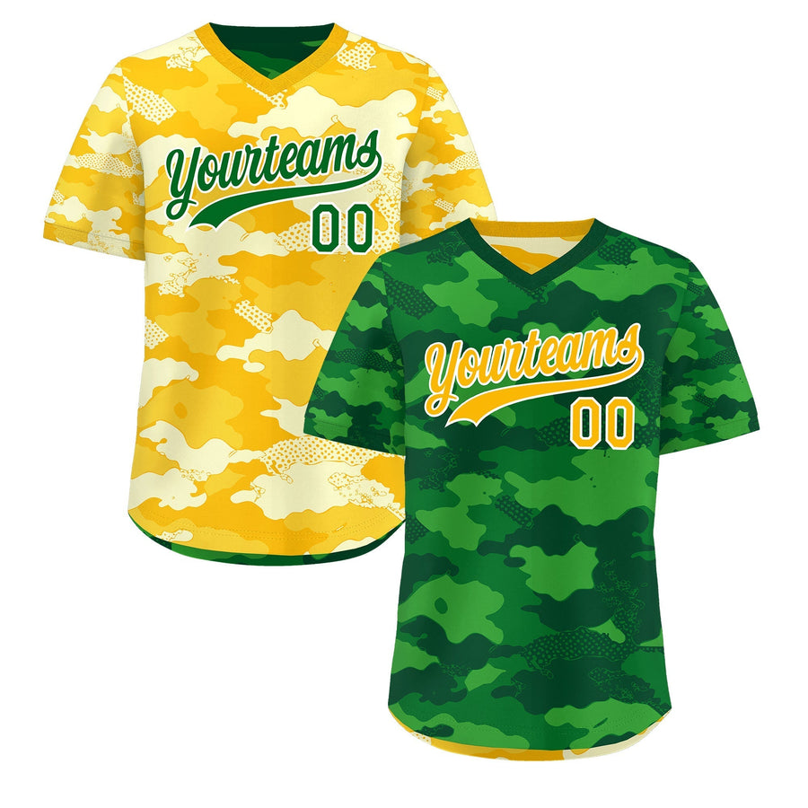 Custom Kelly Green Light Green Yellow Reversible Pullover Baseball Jersey Camo Stretch Fabric | BuyFootballJersey