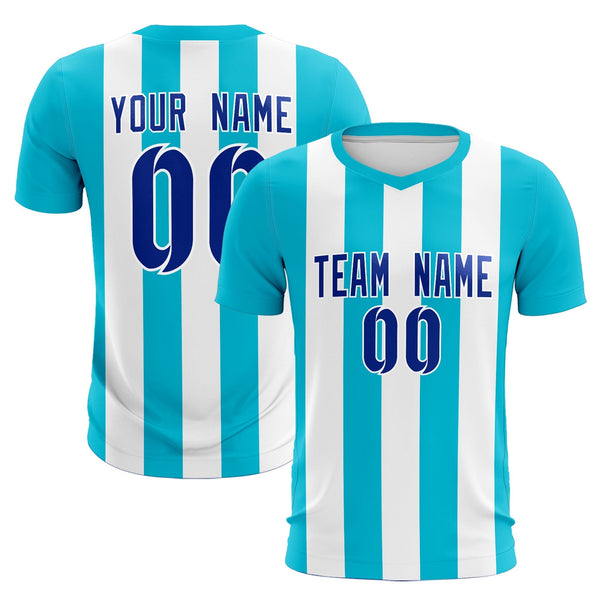 Custom White Sky Blue Vertical Stripes Casual Outdoor Soccer Sets Jersey | BuyFootballJersey