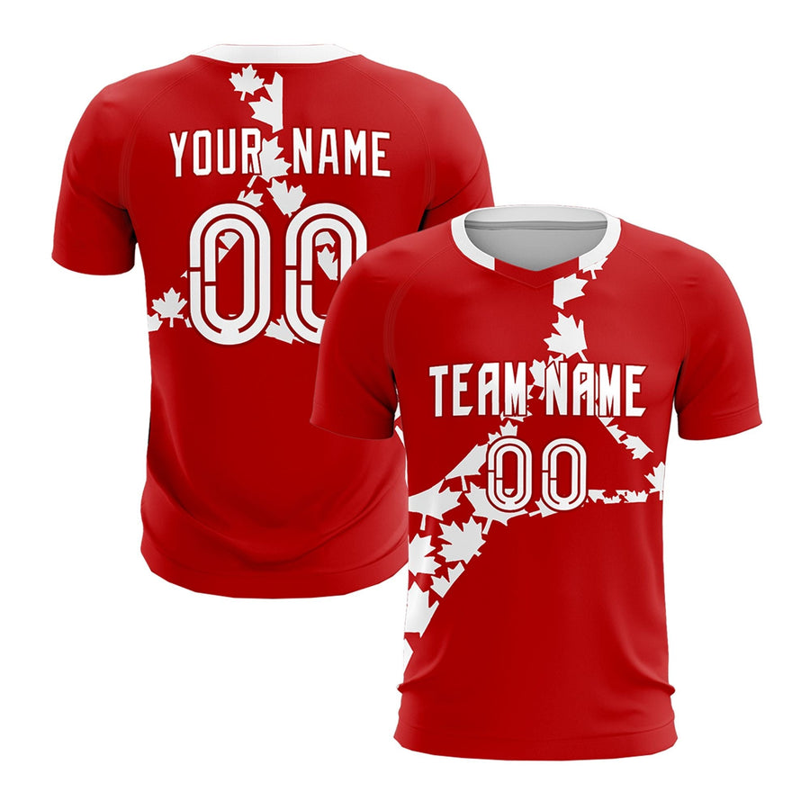 Custom Red White Maple-Leaf Graphic Tournament-Style Breathable Graffiti Pattern Soccer Sets Jersey | BuyFootballJersey