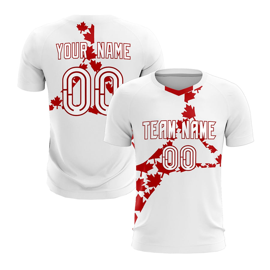 Custom White Red Maple-Leaf Graphic Tournament-Style Quick-Drying Graffiti Pattern Soccer Sets Jersey | BuyFootballJersey