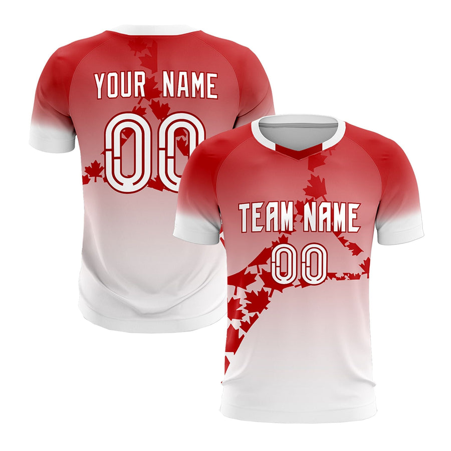 Custom Red White Maple-Leaf Graphic Tournament-Style Lightweight Gradient Fashion Soccer Sets Jersey | BuyFootballJersey