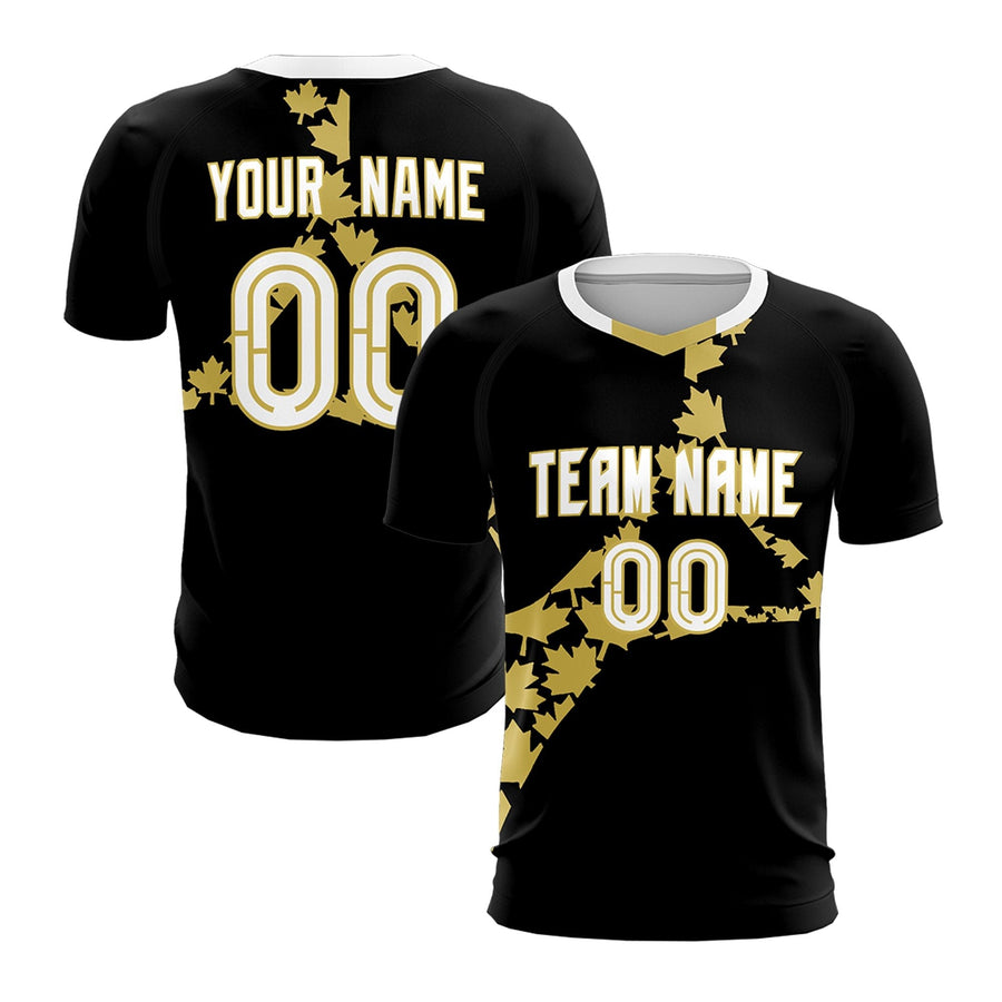 Custom Black Old Gold Maple-Leaf Graphic Tournament-Style Breathable Graffiti Pattern Soccer Sets Jersey | BuyFootballJersey