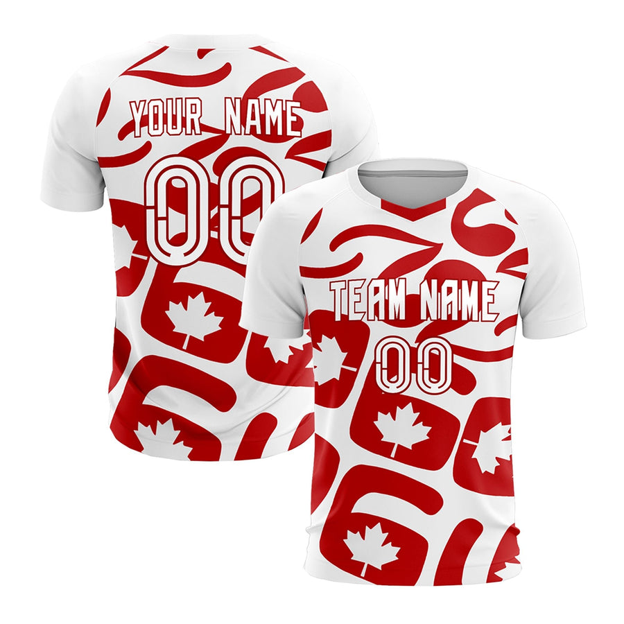 Custom White Maple-Leaf Graphic Tournament-Style Drapable Graffiti Pattern Soccer Sets Jersey | BuyFootballJersey
