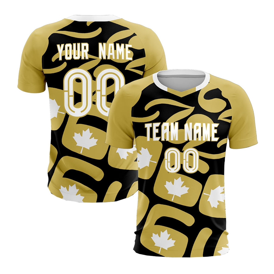 Custom Old Gold Black Maple-Leaf Graphic Tournament-Style Drapable Graffiti Pattern Soccer Sets Jersey | BuyFootballJersey