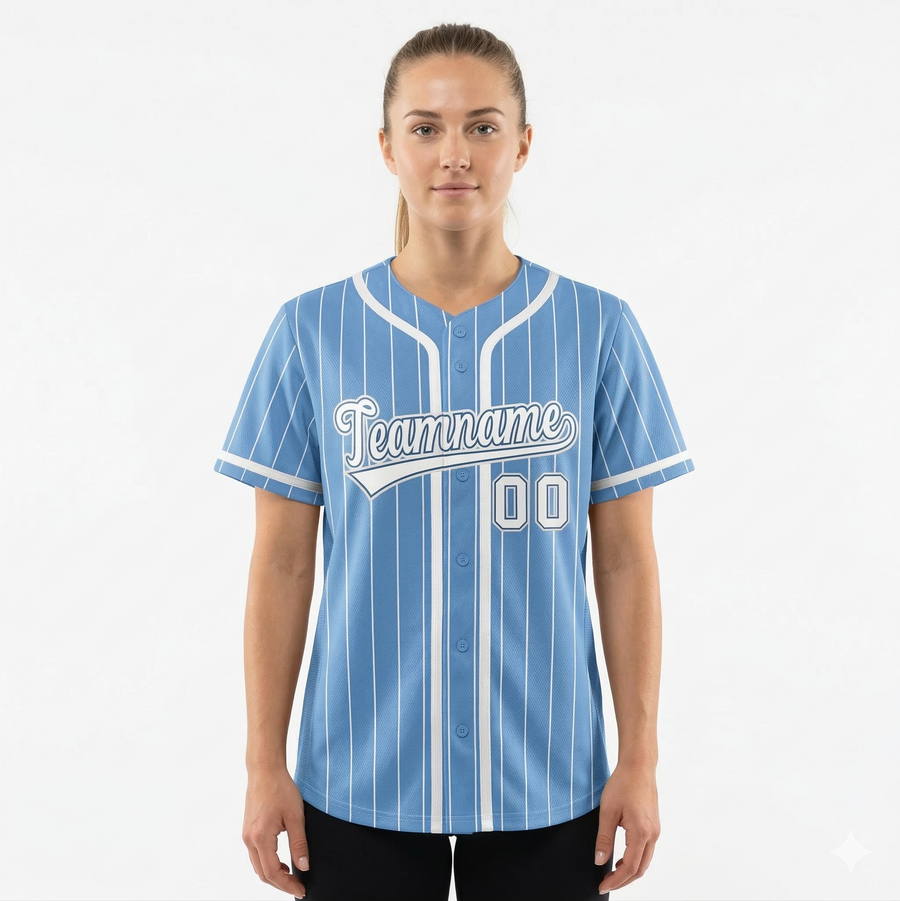 Custom Light Blue White Stripe Fashion Design Full Button Baseball Jersey For Women | BuyFootballJersey