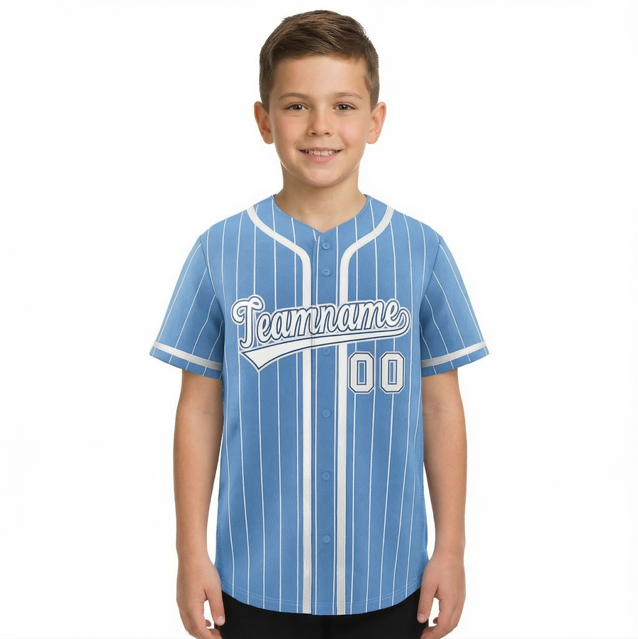 Custom Light Blue White Stripe Fashion Design Full Button Baseball Jersey For Youth | BuyFootballJersey