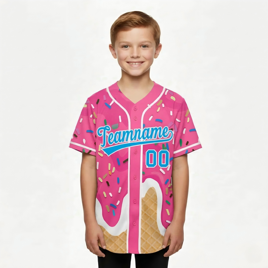 Custom Pink Ice Cream Cone Graffiti Pattern Fashion Baseball Jersey For Youth | BuyFootballJersey