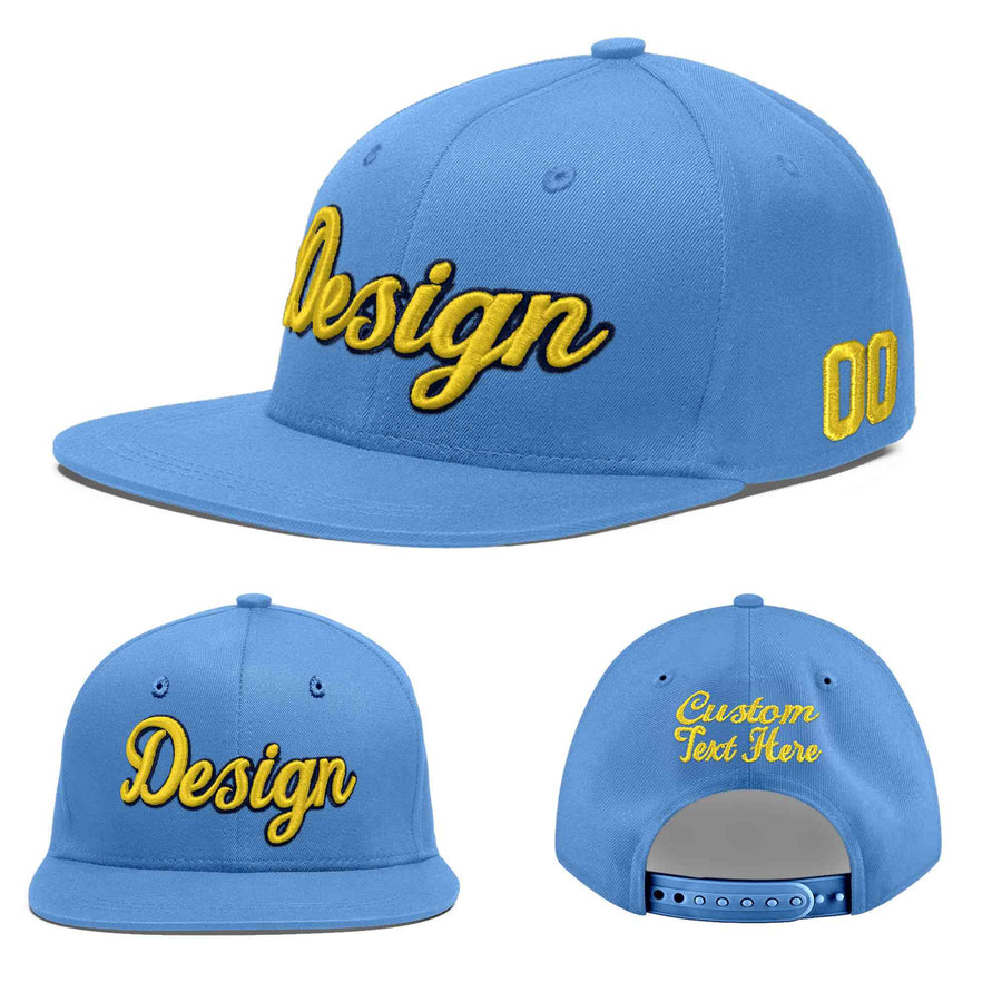 Custom Light Blue 3D Puff Embroidery Flat Embroidery Casual Sport Baseball Cap | BuyFootballJersey
