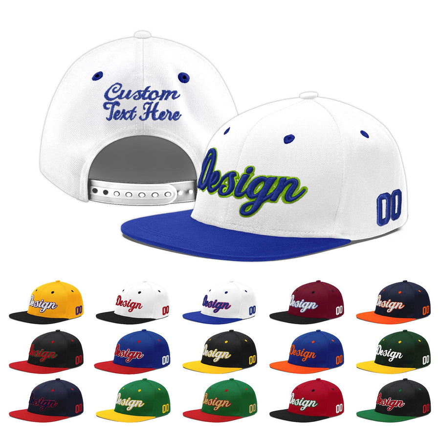Custom White Royal Blue 3D Puff Embroidery Flat Embroidery Casual Sport Baseball Cap | BuyFootballJersey