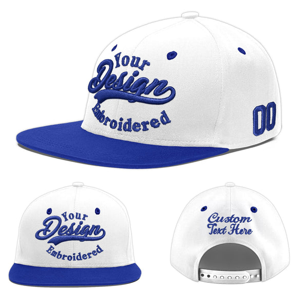 Custom White Royal Blue 3D Puff Embroidery Flat Embroidery Casual Sport Baseball Cap | BuyFootballJersey