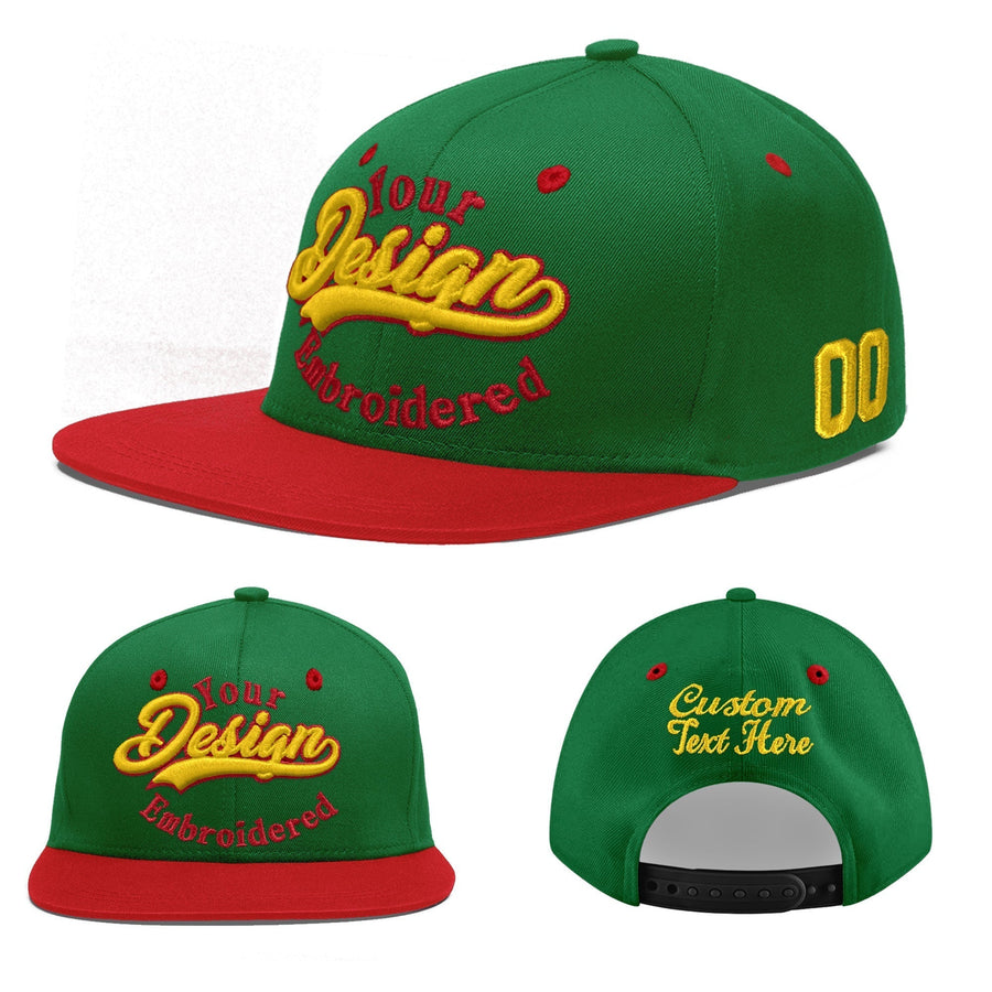 Custom Kelly Green Red 3D Puff Embroidery Flat Embroidery Casual Sport Baseball Cap | BuyFootballJersey