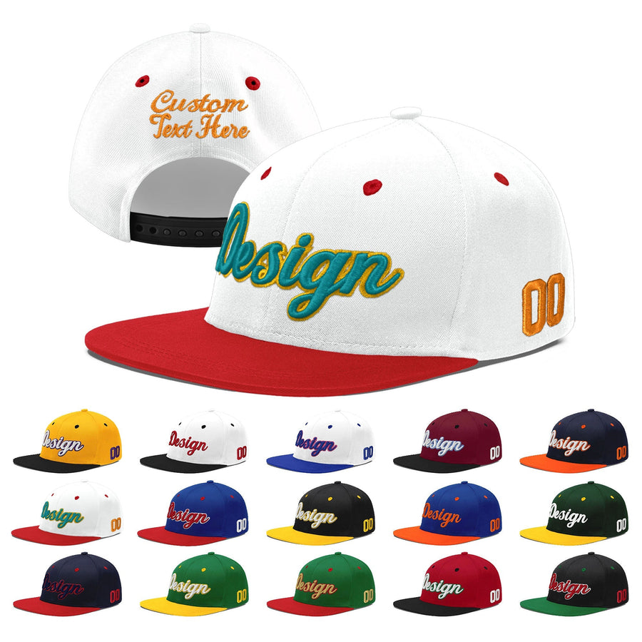 Custom White Red 3D Puff Embroidery Flat Embroidery Casual Sport Hats | BuyFootballJersey