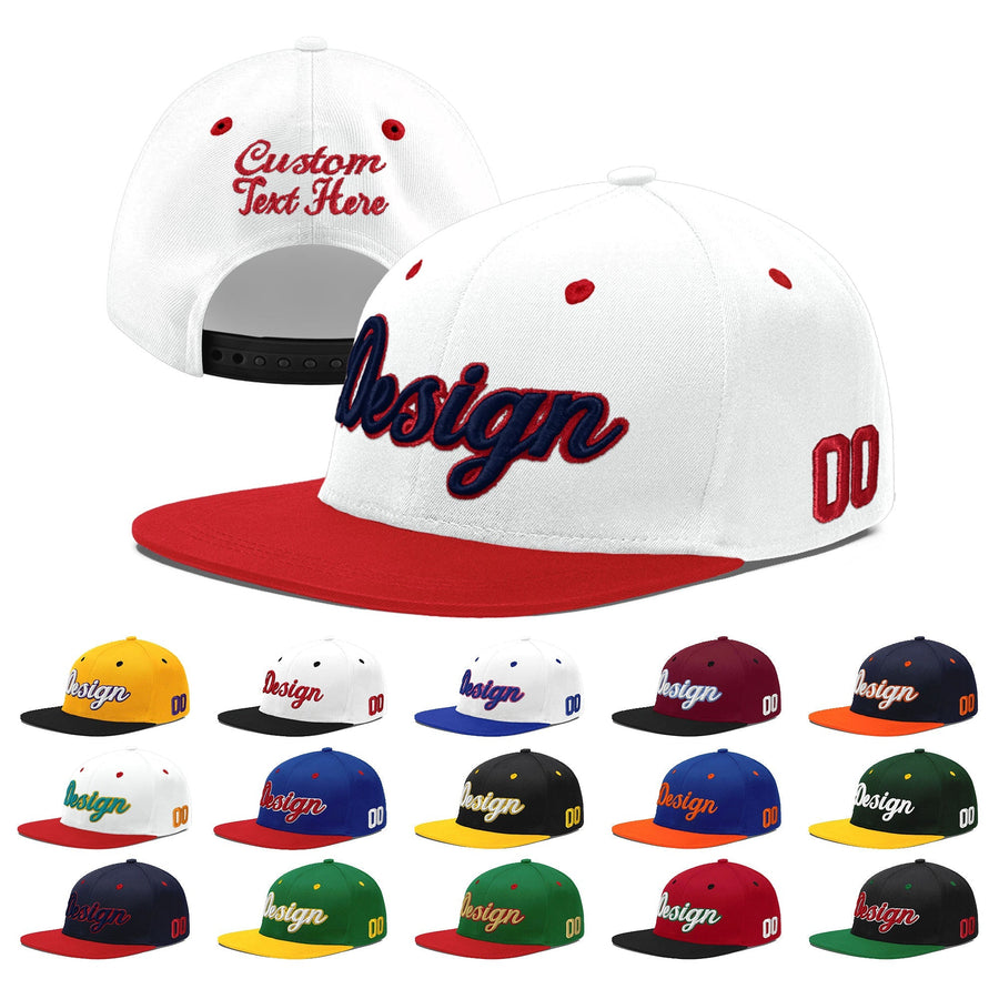 Custom White Red Navy 3D Puff Embroidery Flat Embroidery Casual Sport Hats | BuyFootballJersey