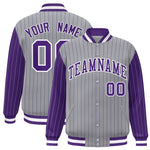 Custom Gray Purple Raglan Sleeves Varsity Full-Snap Pinstripe Letterman Baseball Jacket | BuyFootballJersey