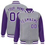Custom Gray Purple Raglan Sleeves Varsity Full-Snap Pinstripe Letterman Baseball Jacket | BuyFootballJersey