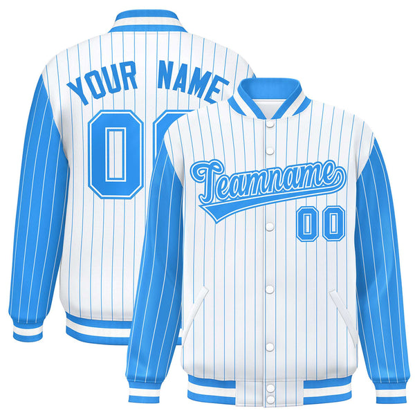 Custom White Powder Blue Raglan Sleeves Varsity Full-Snap Pinstripe Letterman Baseball Jacket | BuyFootballJersey