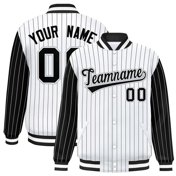 Custom White Black Raglan Sleeves Varsity Full-Snap Pinstripe Letterman Baseball Jacket | BuyFootballJersey