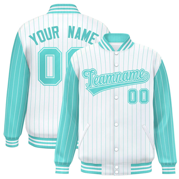 Custom White Bright Green Raglan Sleeves Varsity Full-Snap Pinstripe Letterman Baseball Jacket | BuyFootballJersey