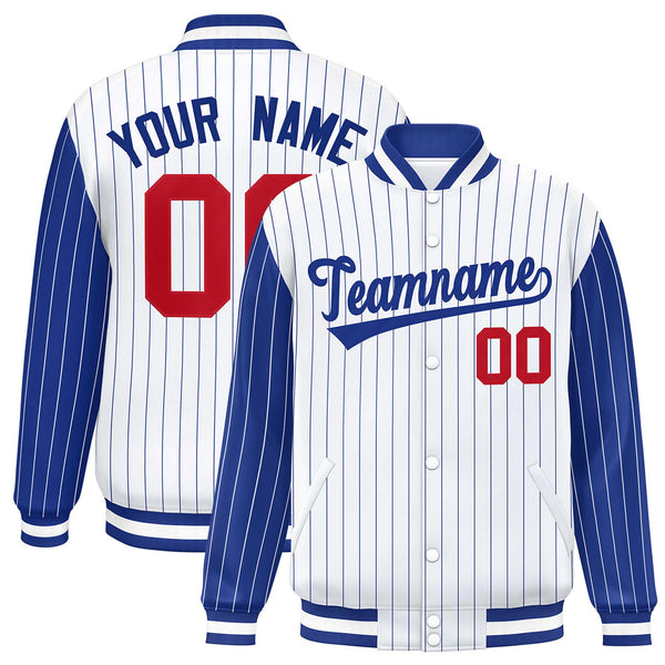 Custom White Royal Raglan Sleeves Varsity Full-Snap Pinstripe Letterman Baseball Jacket | BuyFootballJersey
