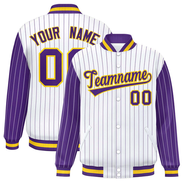 Custom White Purple Raglan Sleeves Varsity Full-Snap Pinstripe Letterman Baseball Jacket | BuyFootballJersey