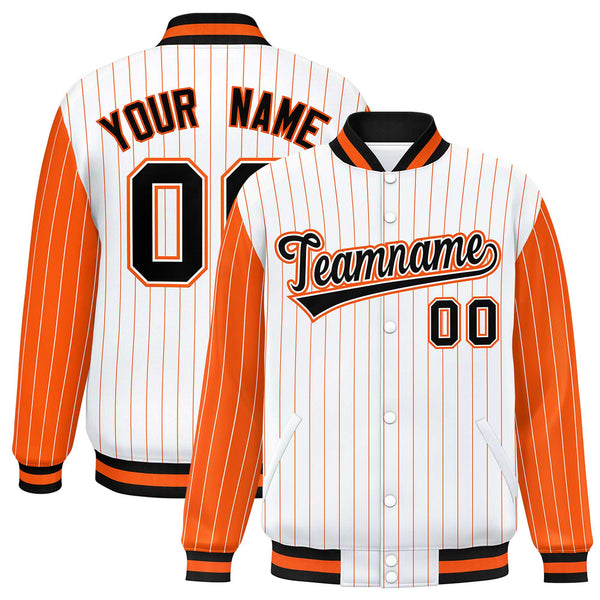 Custom White Orange Raglan Sleeves Varsity Full-Snap Pinstripe Letterman Baseball Jacket | BuyFootballJersey