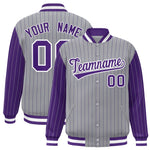 Custom Gray Purple Raglan Sleeves Varsity Full-Snap Pinstripe Letterman Baseball Jacket | BuyFootballJersey