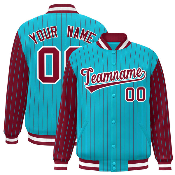 Custom Sky Blue Crimson Raglan Sleeves Varsity Full-Snap Pinstripe Letterman Baseball Jacket | BuyFootballJersey