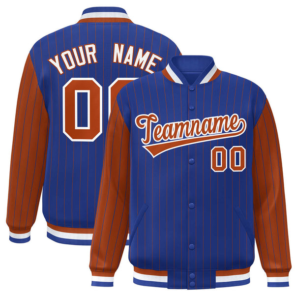 Custom Royal Texas Orange Raglan Sleeves Varsity Full-Snap Pinstripe Letterman Baseball Jacket | BuyFootballJersey