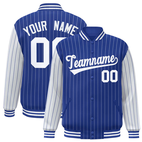 Custom Royal White Raglan Sleeves Varsity Full-Snap Pinstripe Letterman Baseball Jacket | BuyFootballJersey