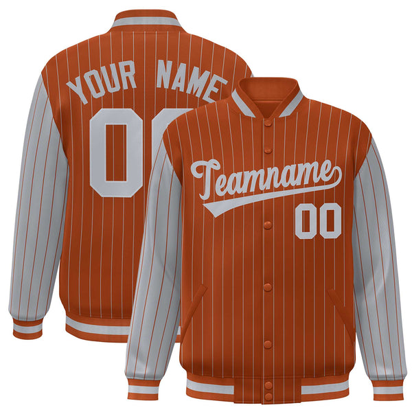 Custom Texas Orange Gray Raglan Sleeves Varsity Full-Snap Pinstripe Letterman Baseball Jacket | BuyFootballJersey