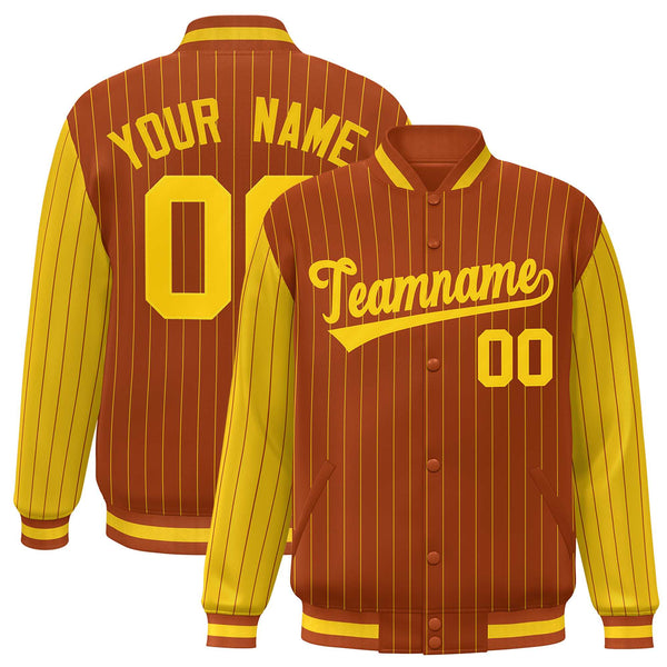 Custom Texas Orange Gold Raglan Sleeves Varsity Full-Snap Pinstripe Letterman Baseball Jacket | BuyFootballJersey