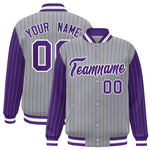 Custom Gray Purple Raglan Sleeves Varsity Full-Snap Pinstripe Letterman Baseball Jacket | BuyFootballJersey