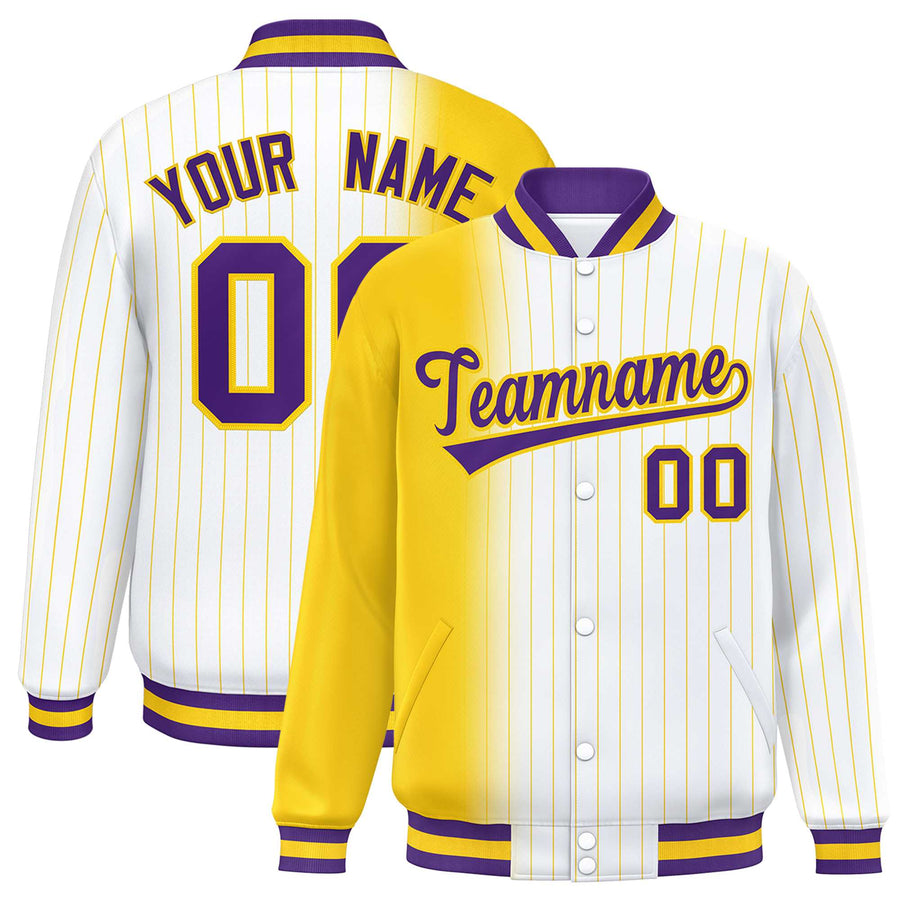 Custom White Gold Gradient Varsity Full-Snap Pinstripe Letterman Baseball Jacket | BuyFootballJersey