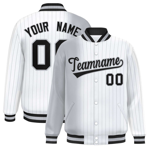 Custom White Gray Gradient Varsity Full-Snap Pinstripe Letterman Baseball Jacket | BuyFootballJersey