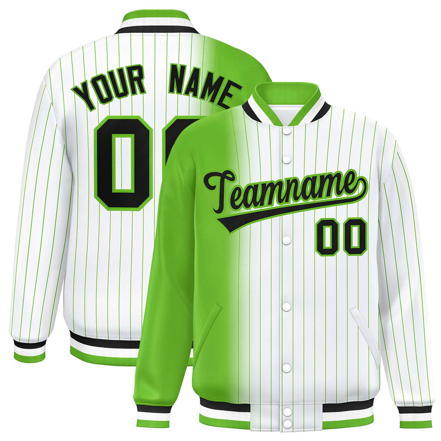 Custom White Green Gradient Varsity Full-Snap Pinstripe Letterman Baseball Jacket | BuyFootballJersey