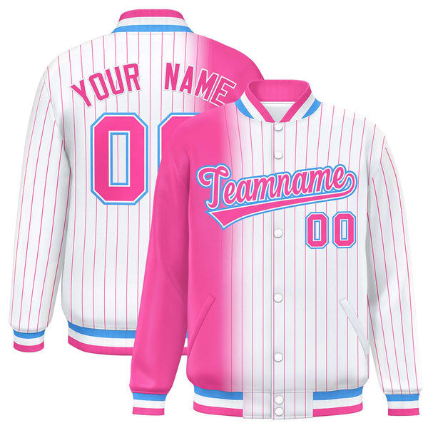 Custom White Pink Gradient Varsity Full-Snap Pinstripe Letterman Baseball Jacket | BuyFootballJersey