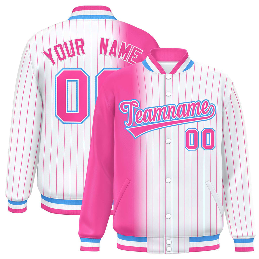 Custom White Pink Gradient Varsity Full-Snap Pinstripe Letterman Baseball Jacket | BuyFootballJersey