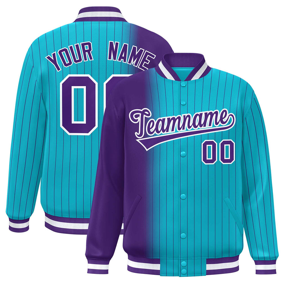 Custom Sky Blue Purple Gradient Varsity Full-Snap Pinstripe Letterman Baseball Jacket | BuyFootballJersey