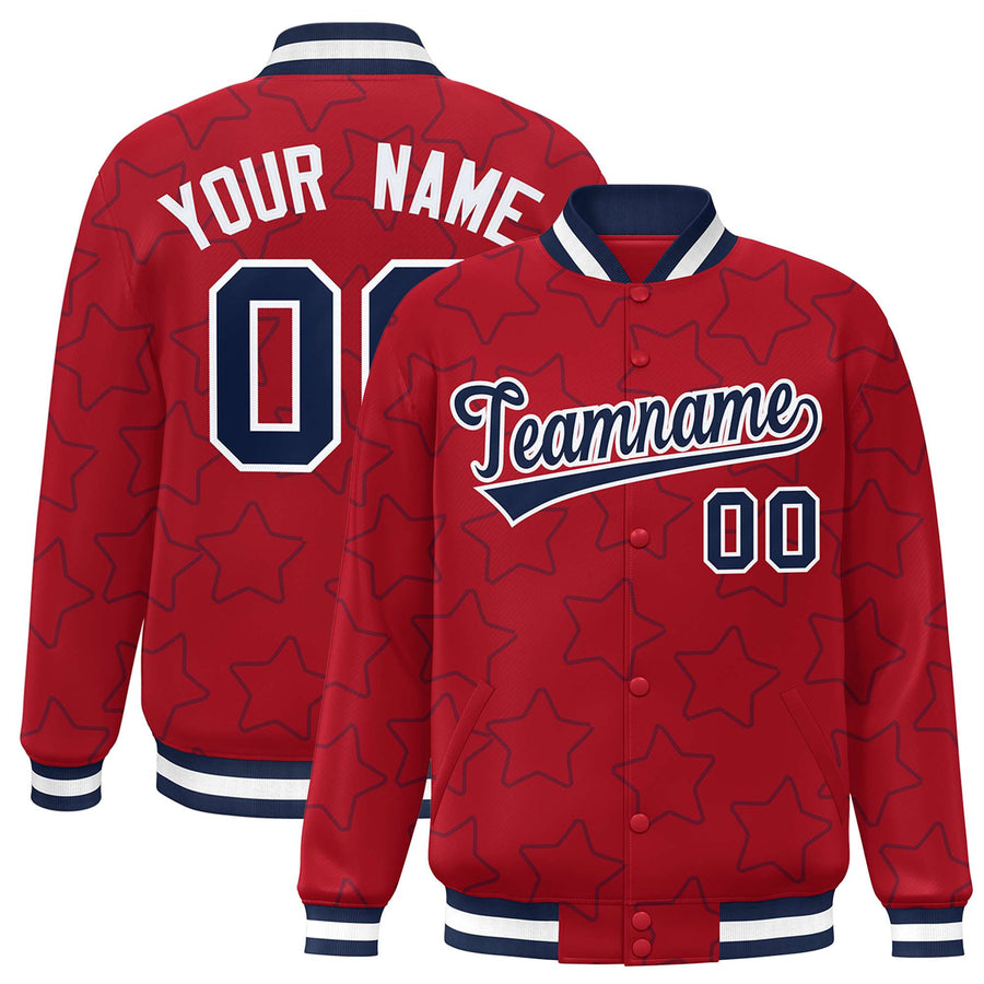 Custom Red Navy Varsity Full-Snap Star Pattern Letterman Baseball Jacket | BuyFootballJersey