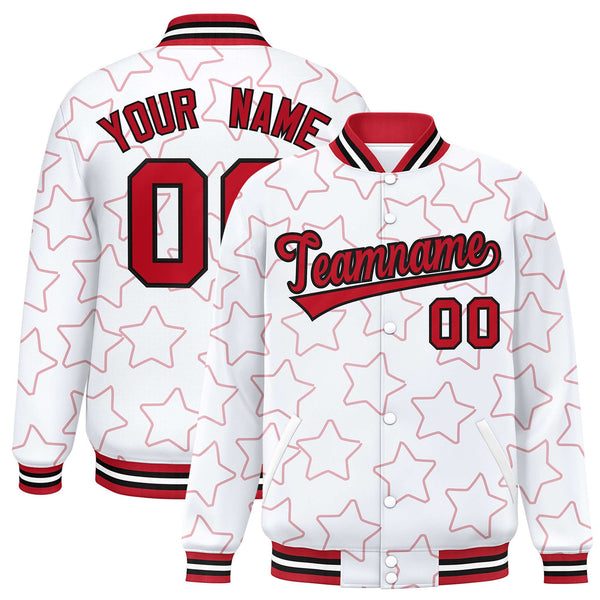 Custom White Red Varsity Full-Snap Star Pattern Letterman Baseball Jacket | BuyFootballJersey