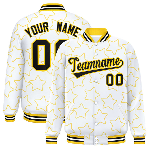 Custom White Gold Varsity Full-Snap Star Pattern Letterman Baseball Jacket | BuyFootballJersey