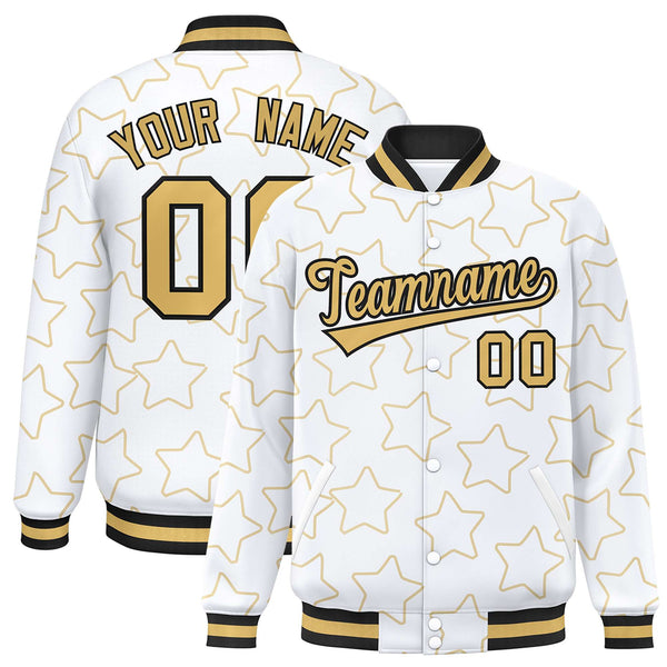 Custom White Old Gold Varsity Full-Snap Star Pattern Letterman Baseball Jacket | BuyFootballJersey