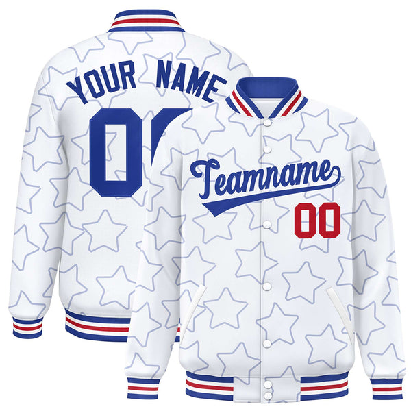 Custom White Royal Varsity Full-Snap Star Pattern Letterman Baseball Jacket | BuyFootballJersey