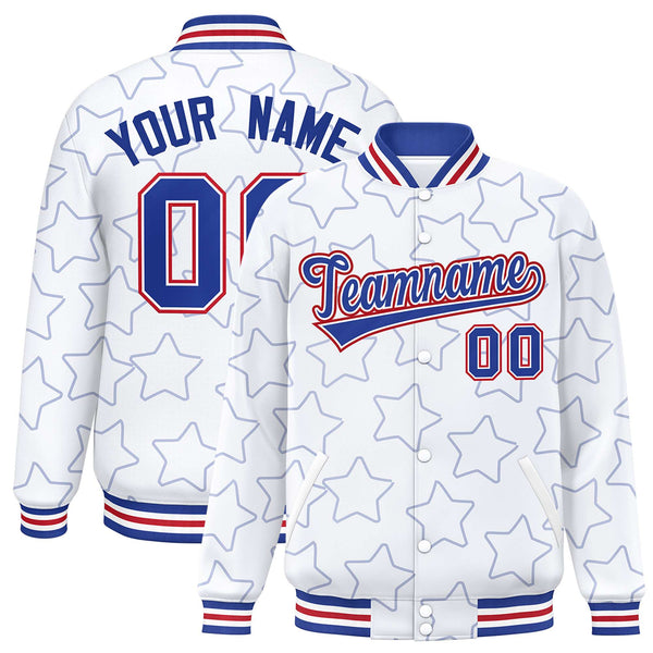 Custom White Royal Varsity Full-Snap Star Pattern Letterman Baseball Jacket | BuyFootballJersey